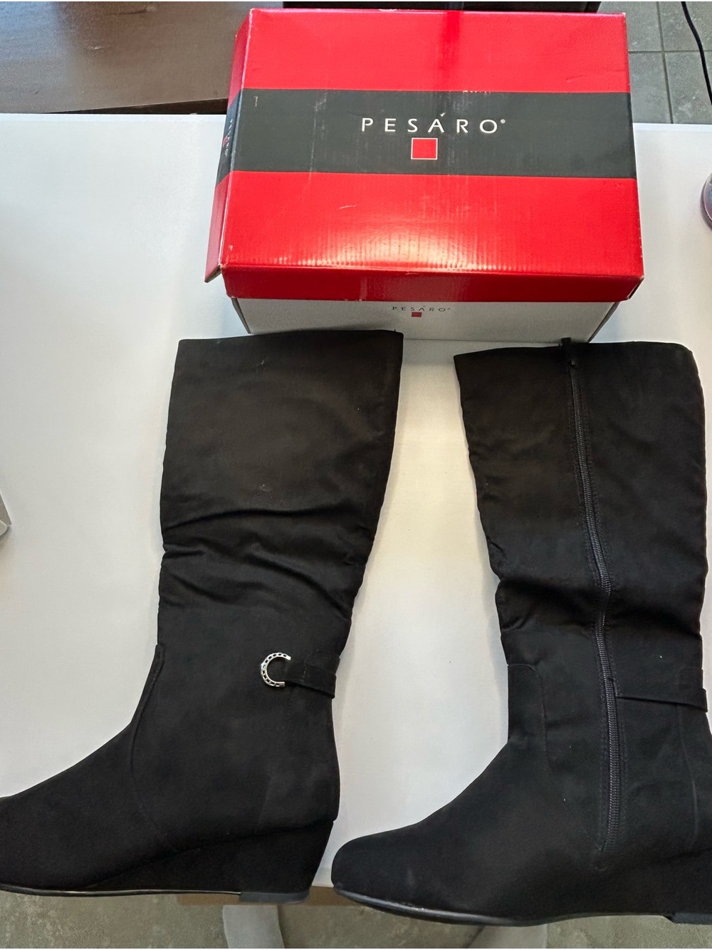 Pesaro Black Mid-Calf Wedge Boots with Buckle Accent